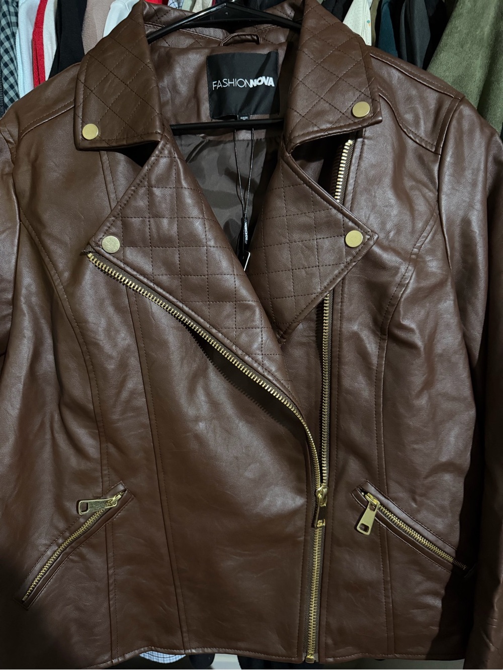 Fashion Nova Brown Quilted Faux Leather Moto Jacket